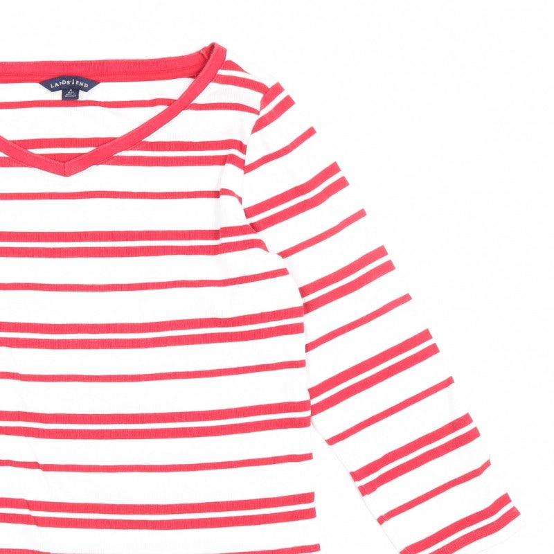 Lands' End Women Red White Stripe V-Neck Long Sleeve Jersey Top UK 12