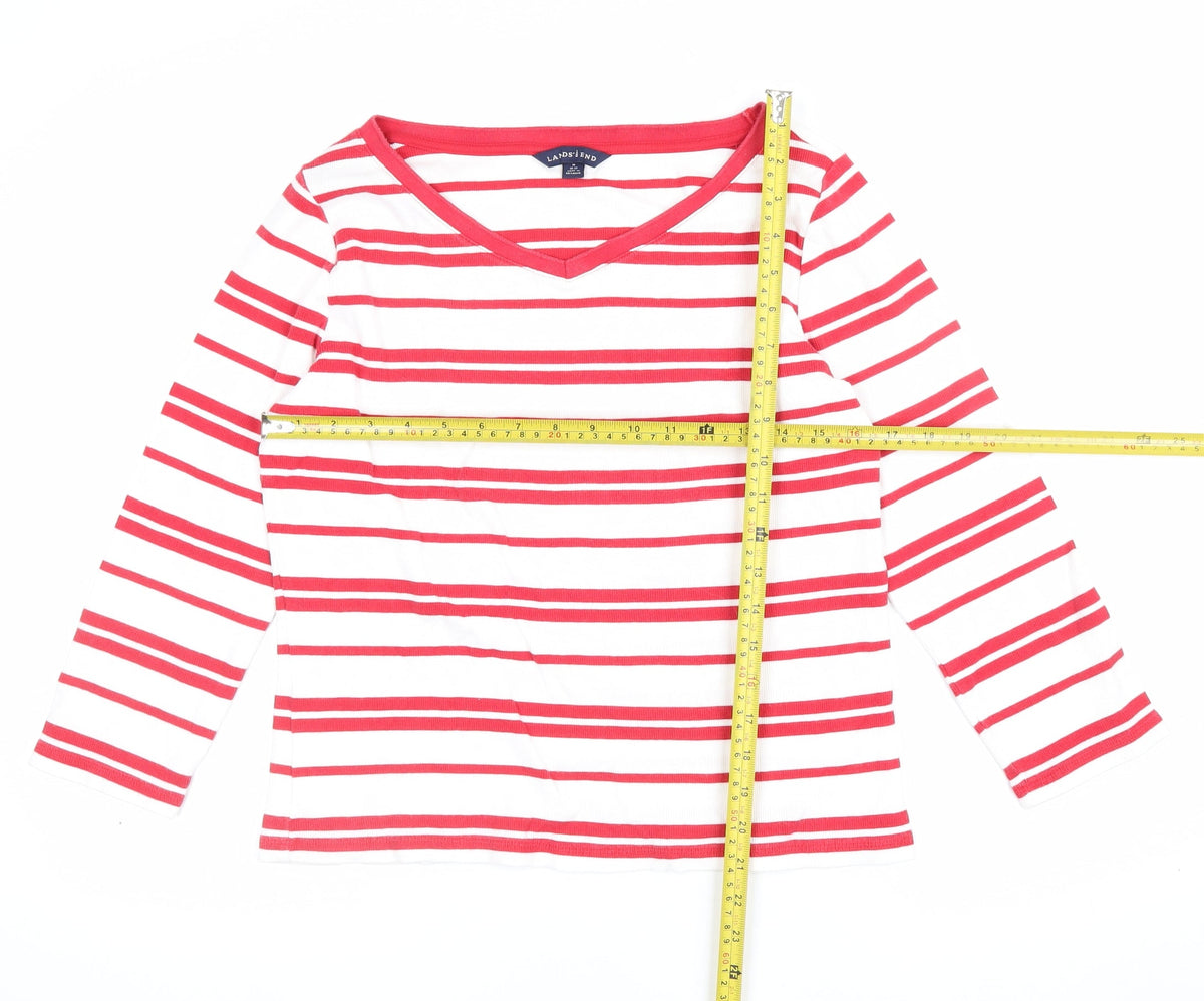 Lands' End Women Red White Stripe V-Neck Long Sleeve Jersey Top UK 12