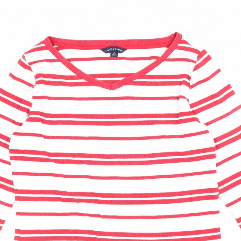 Lands' End Women Red White Stripe V-Neck Long Sleeve Jersey Top UK 12