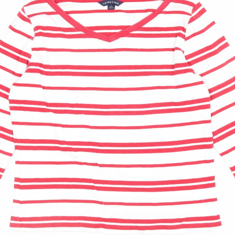 Lands' End Women Red White Stripe V-Neck Long Sleeve Jersey Top UK 12