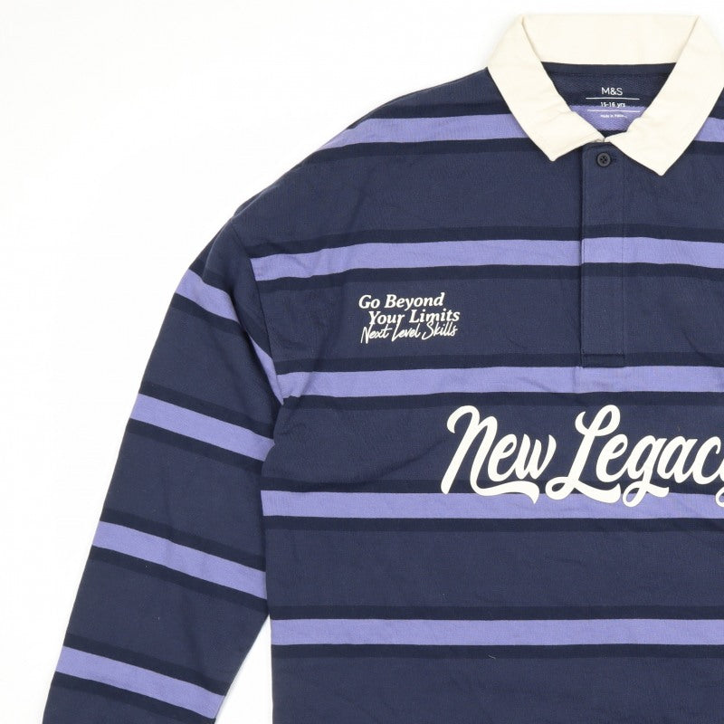 Marks and Spencer Boys Blue 15-16 Years Striped Long Sleeve Polo Shirt