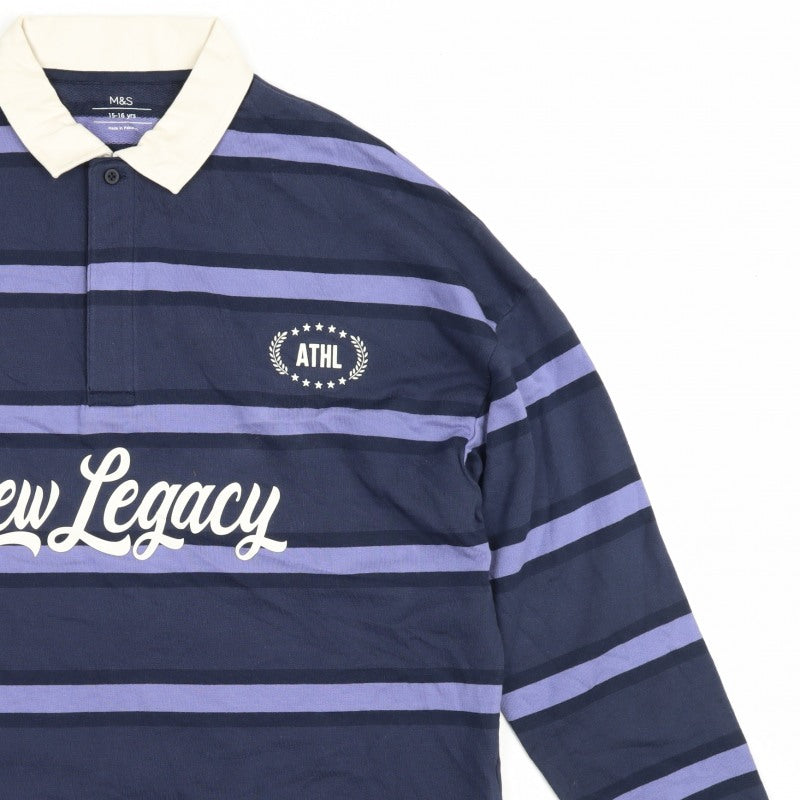 Marks and Spencer Boys Blue 15-16 Years Striped Long Sleeve Polo Shirt