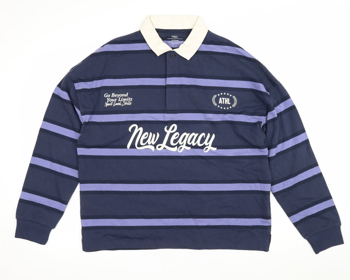 Marks and Spencer Boys Blue 15-16 Years Striped Long Sleeve Polo Shirt