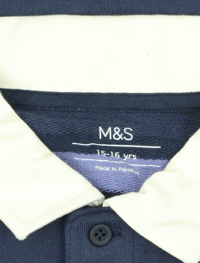Marks and Spencer Boys Blue 15-16 Years Striped Long Sleeve Polo Shirt