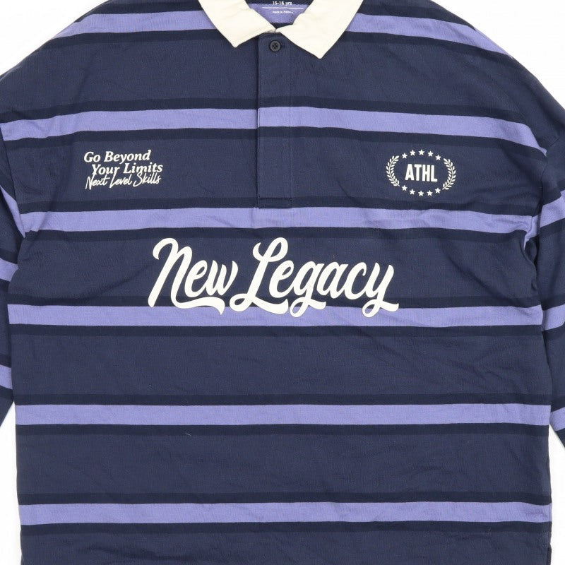 Marks and Spencer Boys Blue 15-16 Years Striped Long Sleeve Polo Shirt