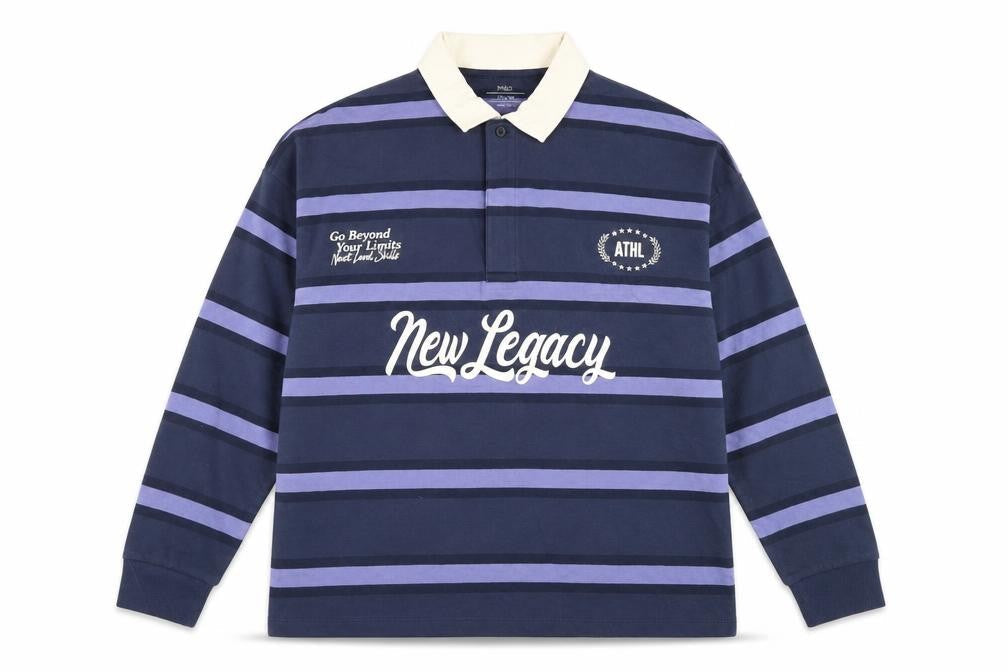 Marks and Spencer Boys Blue 15-16 Years Striped Long Sleeve Polo Shirt