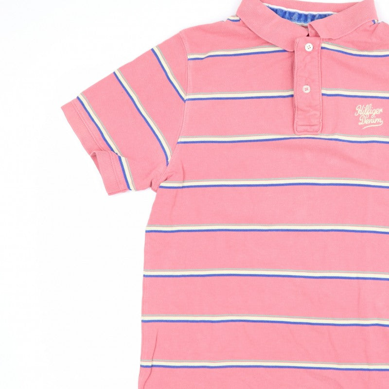 Hilfiger Denim Women’s Pink Striped Cotton Polo Shirt L Short Sleeve