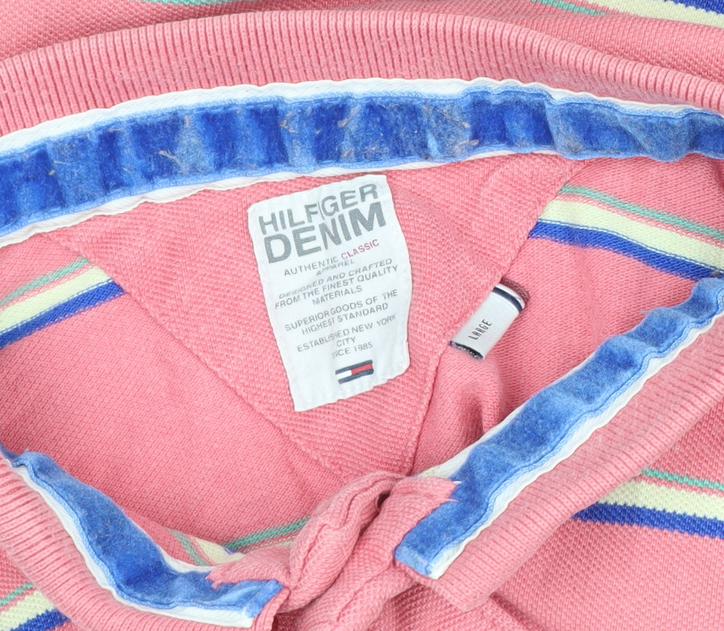 Hilfiger Denim Women’s Pink Striped Cotton Polo Shirt L Short Sleeve