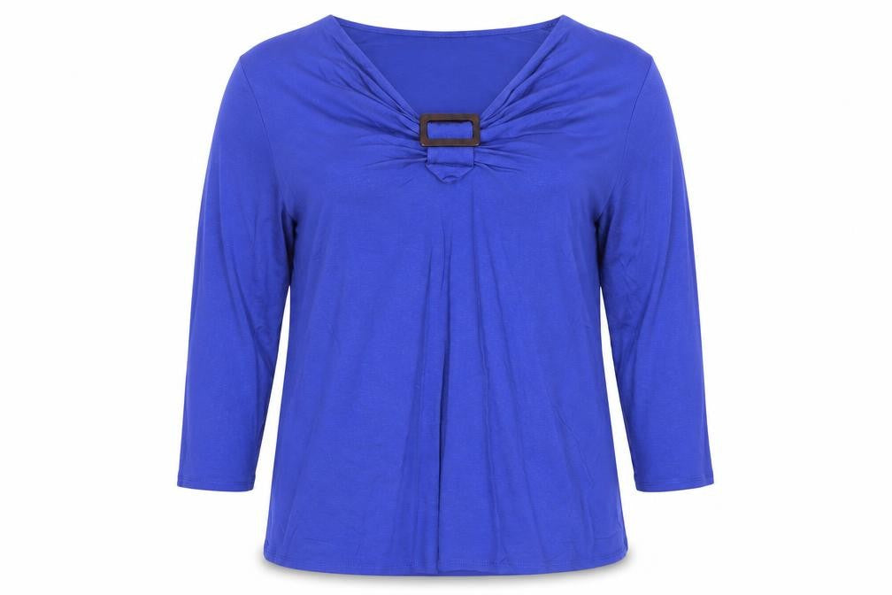 CC Women’s Blue 2XL Jersey V-Neck Buckle 3/4 Sleeve Blouse