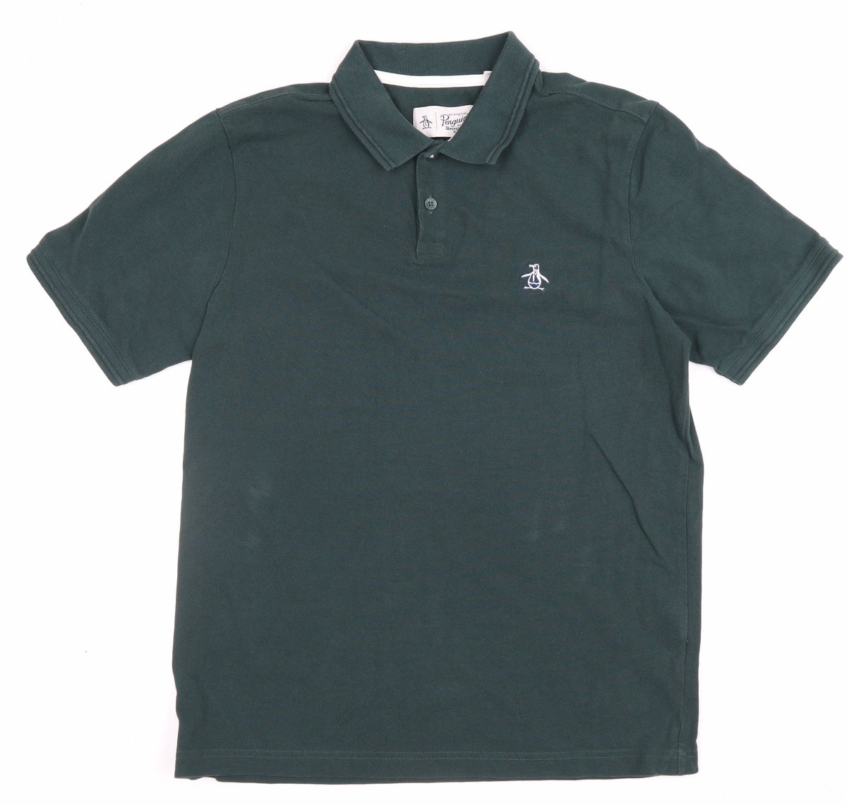 Back view of Original Penguin men’s green m classic embroidered logo polo shirt