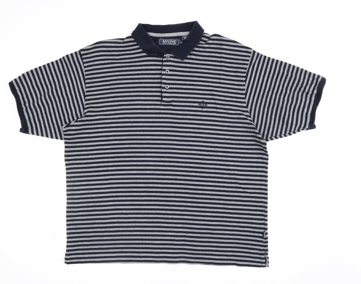 Back view of Maine New England Men's Blue Grey Striped Cotton Polo Shirt L