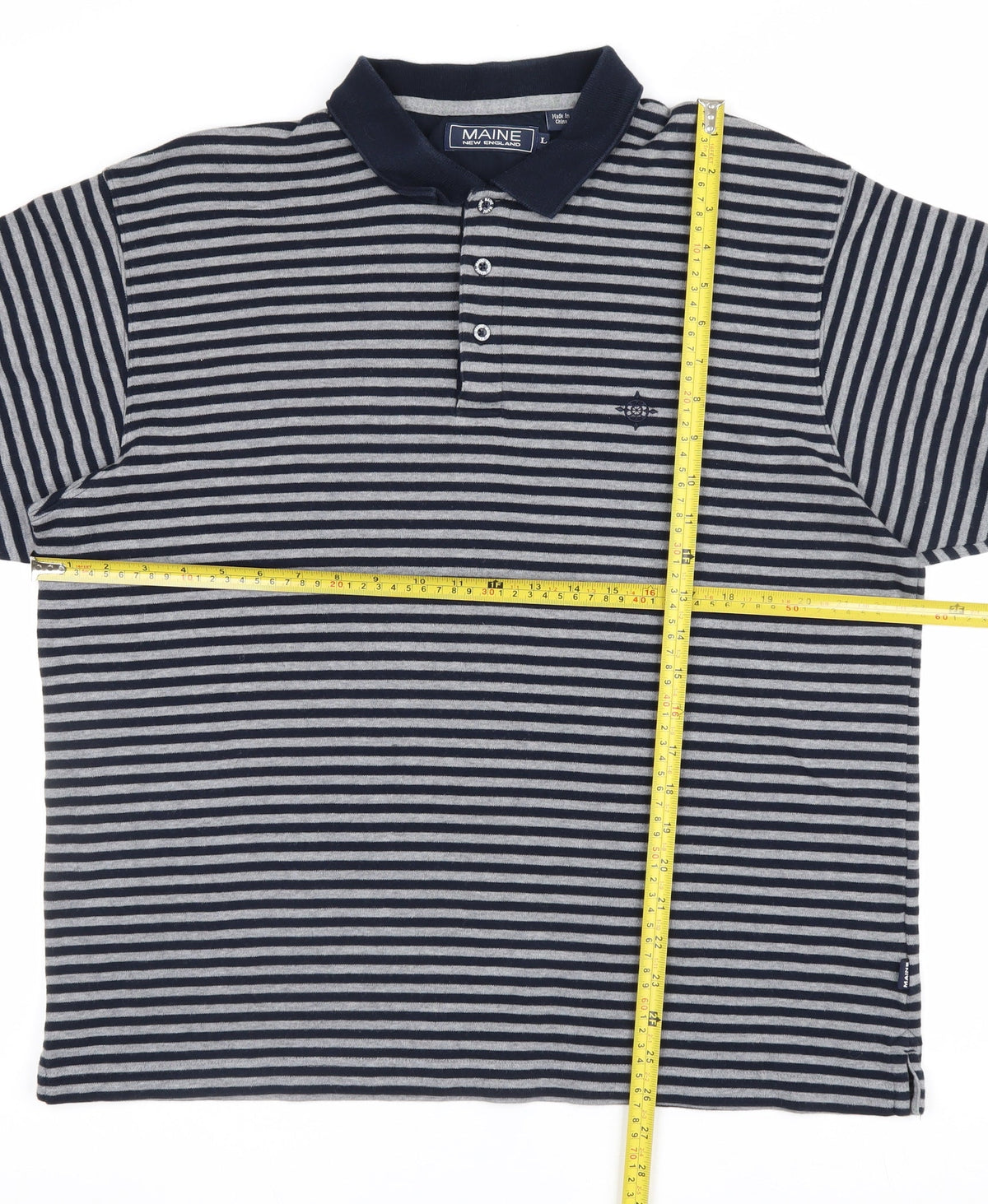 Close-up detail of Maine New England Men's Blue Grey Striped Cotton Polo Shirt L