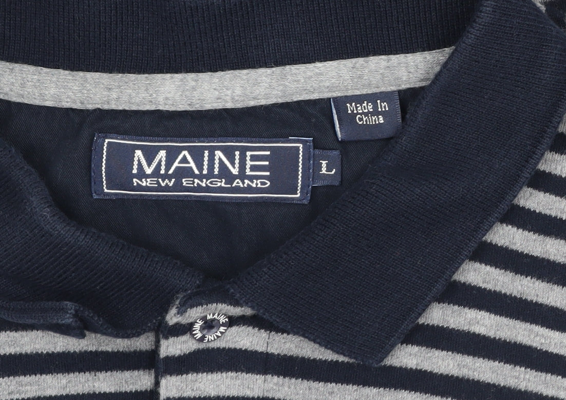 Brand and care label for Maine New England Men's Blue Grey Striped Cotton Polo Shirt L