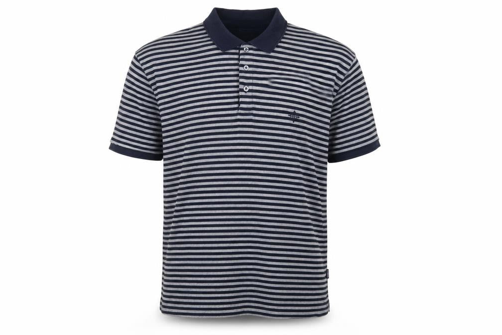 Front view of Maine New England Men's Blue Grey Striped Cotton Polo Shirt L