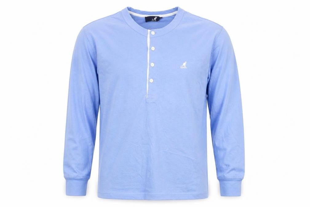 Kangol Men's Blue M Long Sleeve Cotton Henley T-Shirt Logo