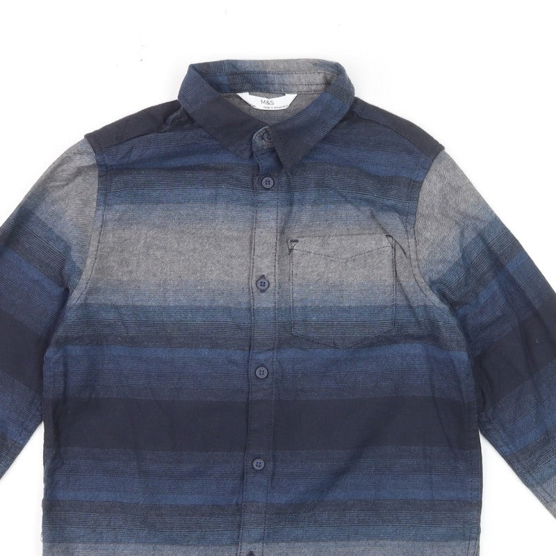Marks and Spencer Boys Blue Striped Button-Up Shirt 7-8 Years Long Sleeve