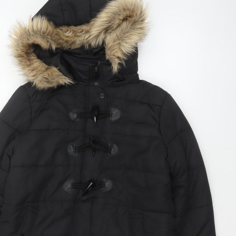 QED LDN Women’s Black UK 8 Hooded Fur Trim Puffer Jacket