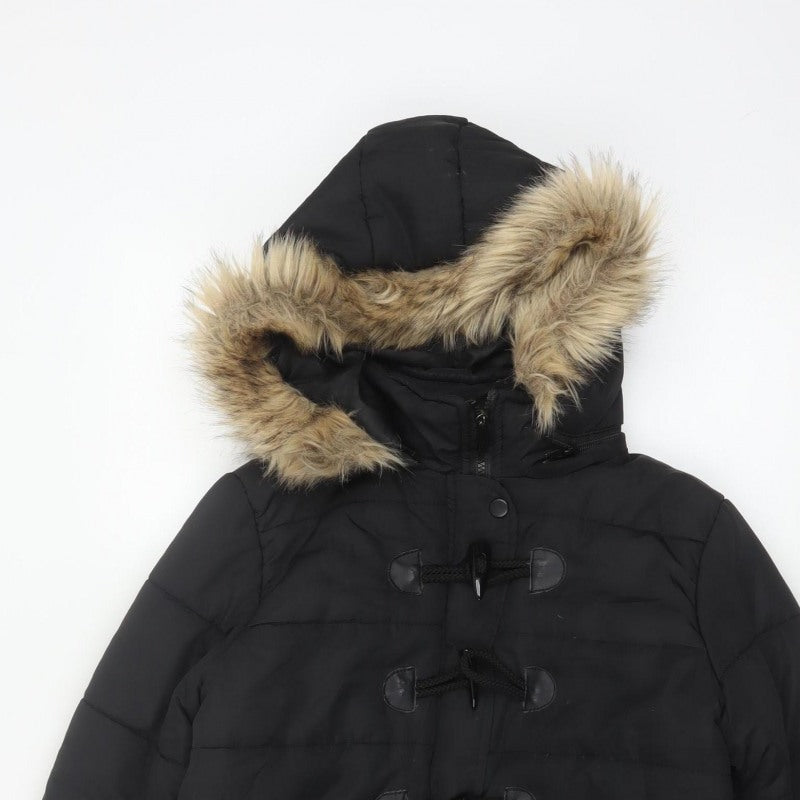 QED LDN Women’s Black UK 8 Hooded Fur Trim Puffer Jacket