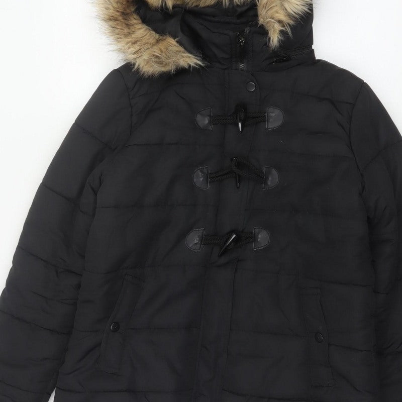 QED LDN Women’s Black UK 8 Hooded Fur Trim Puffer Jacket