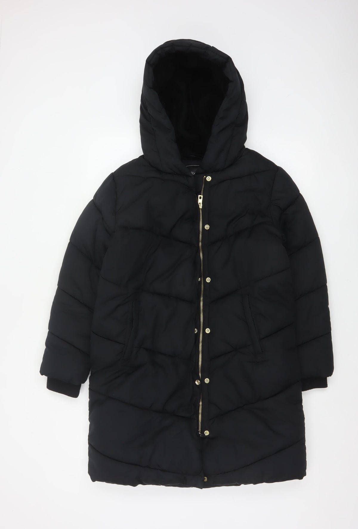 Next Girls Black 11 Years Long Hooded Puffer Coat Quilted Winter