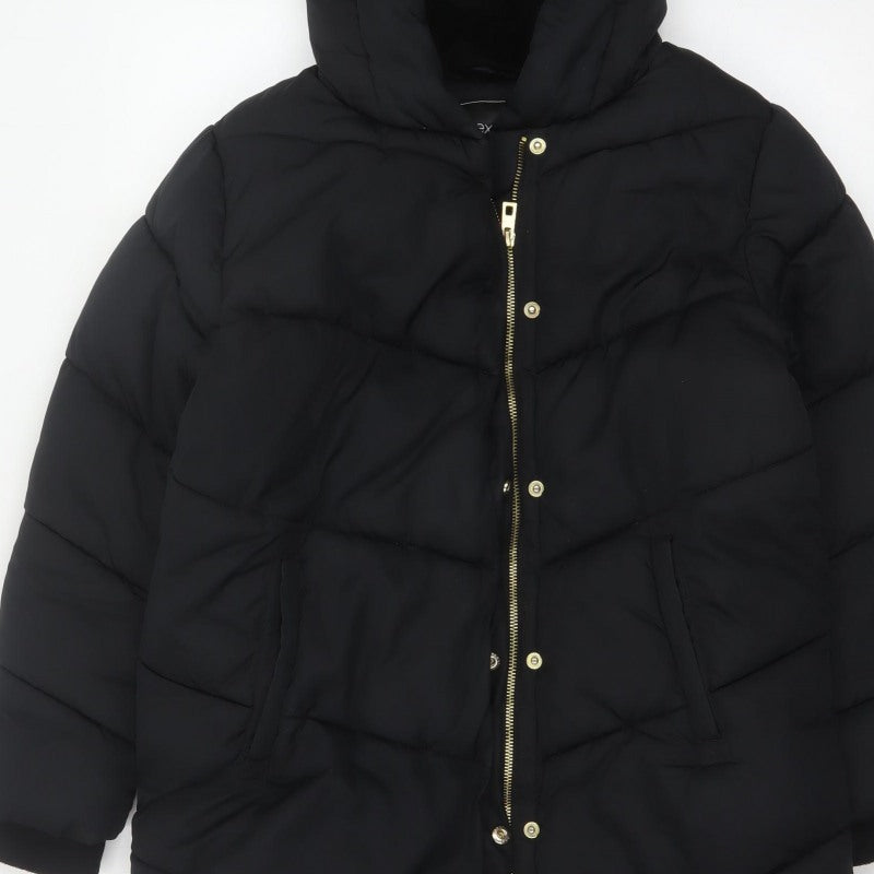 Next Girls Black 11 Years Long Hooded Puffer Coat Quilted Winter
