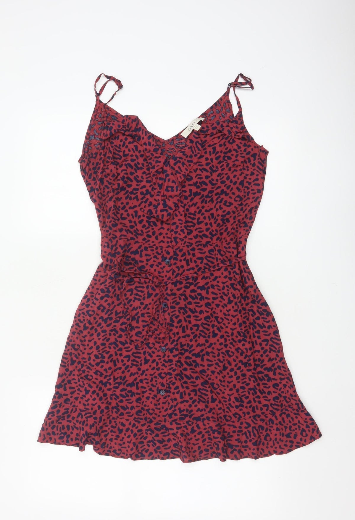 Oasis Women Red Animal Print UK 12 Skater Mini Tie Strap Dress