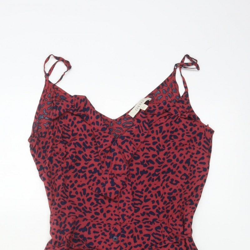 Oasis Women Red Animal Print UK 12 Skater Mini Tie Strap Dress