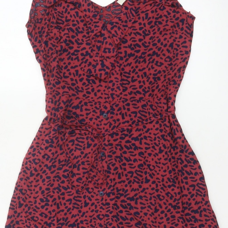 Oasis Women Red Animal Print UK 12 Skater Mini Tie Strap Dress