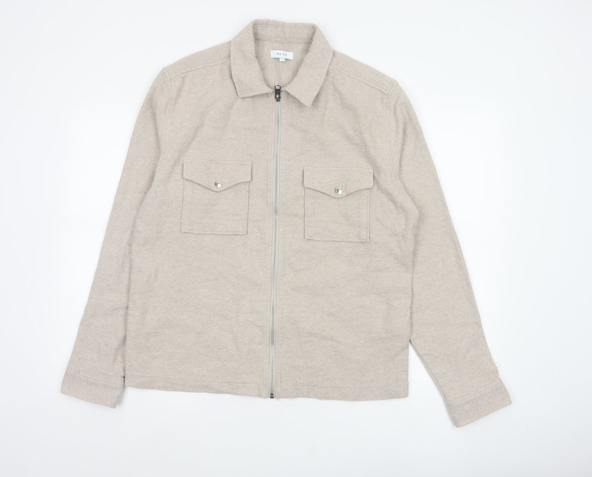 Reiss Men’s Beige L Cotton Full Zip Basic Jacket Collared