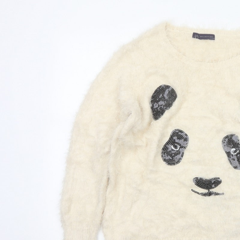 M&S Women Ivory UK 14 Cat Face Sequin Fuzzy Knit Pullover Jumper