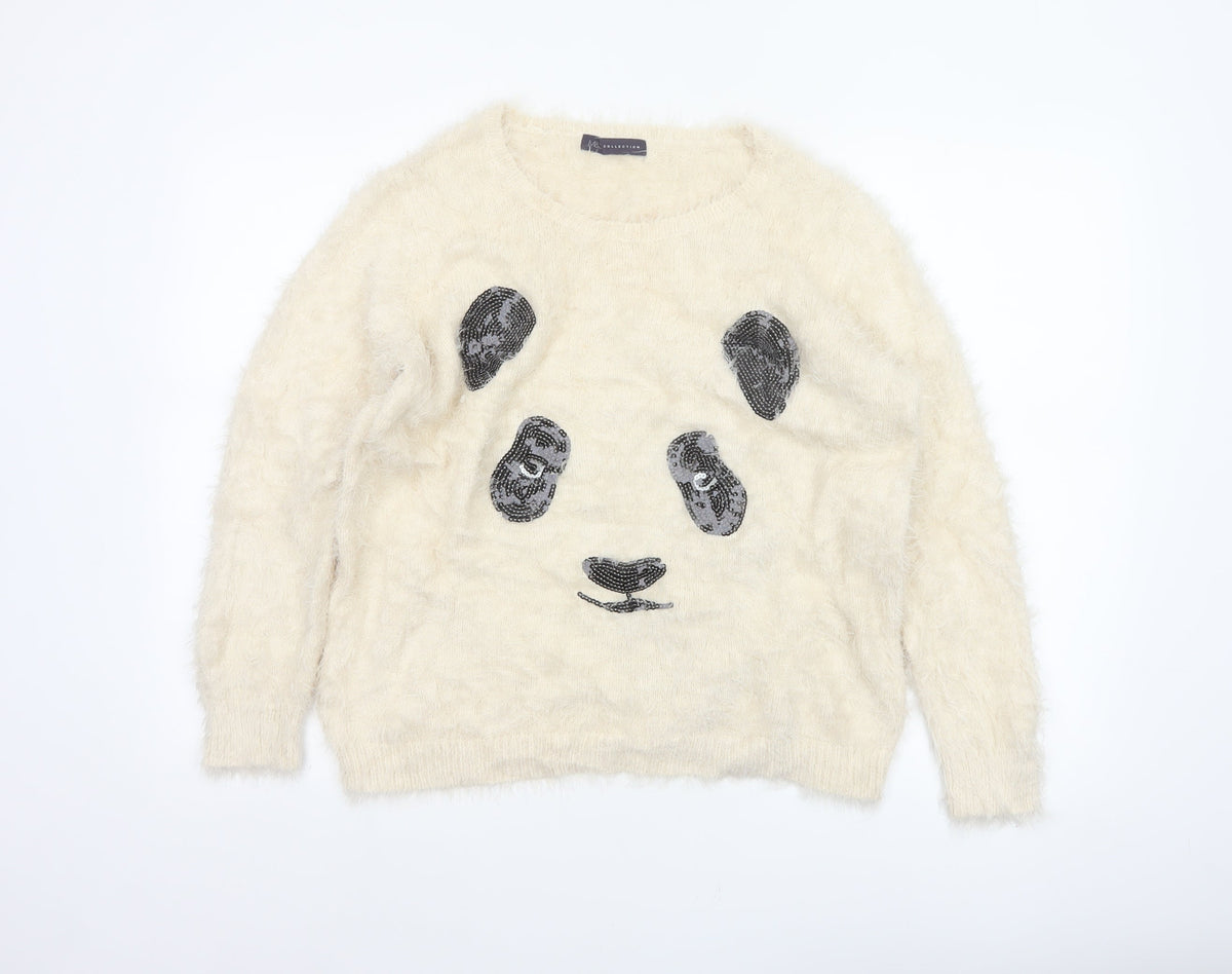 M&S Women Ivory UK 14 Cat Face Sequin Fuzzy Knit Pullover Jumper