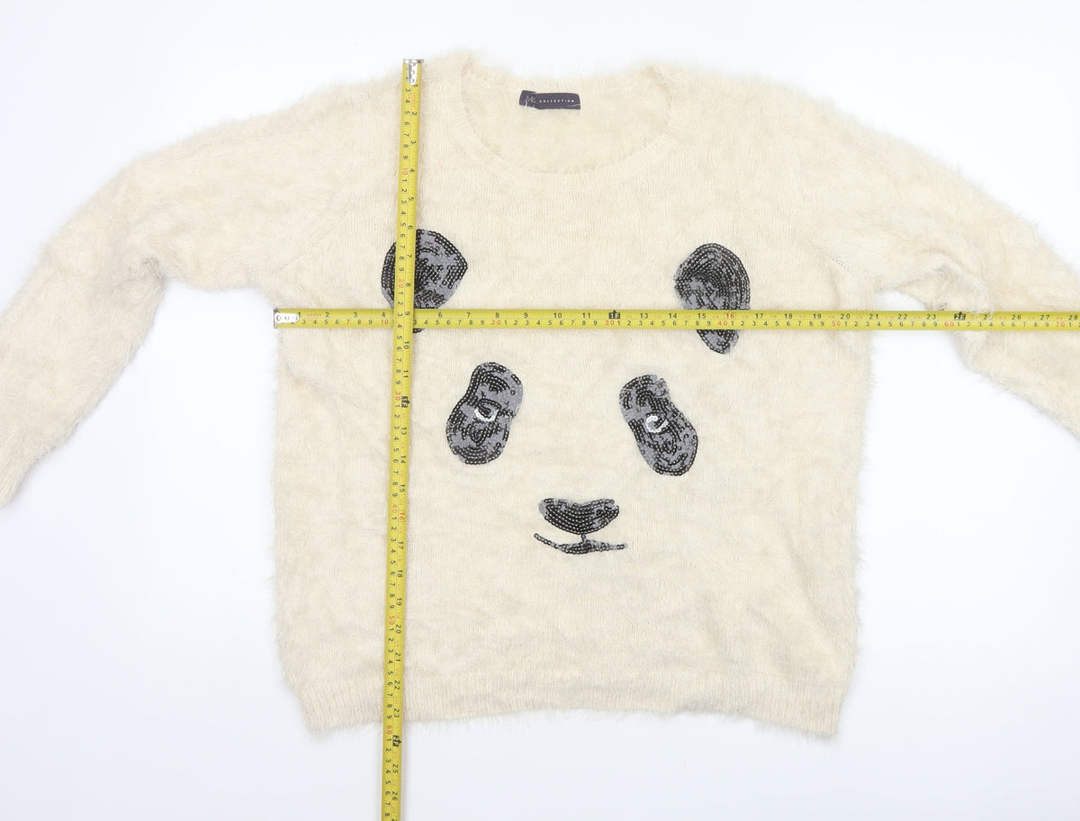 M&S Women Ivory UK 14 Cat Face Sequin Fuzzy Knit Pullover Jumper
