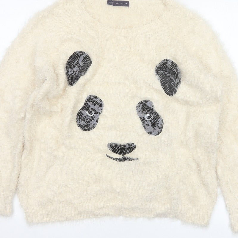 M&S Women Ivory UK 14 Cat Face Sequin Fuzzy Knit Pullover Jumper