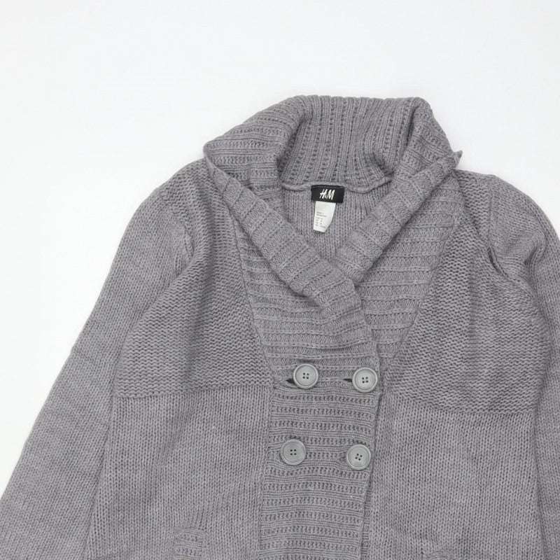 H&M Women Grey M Chunky Knit Button Cowl Neck Cardigan