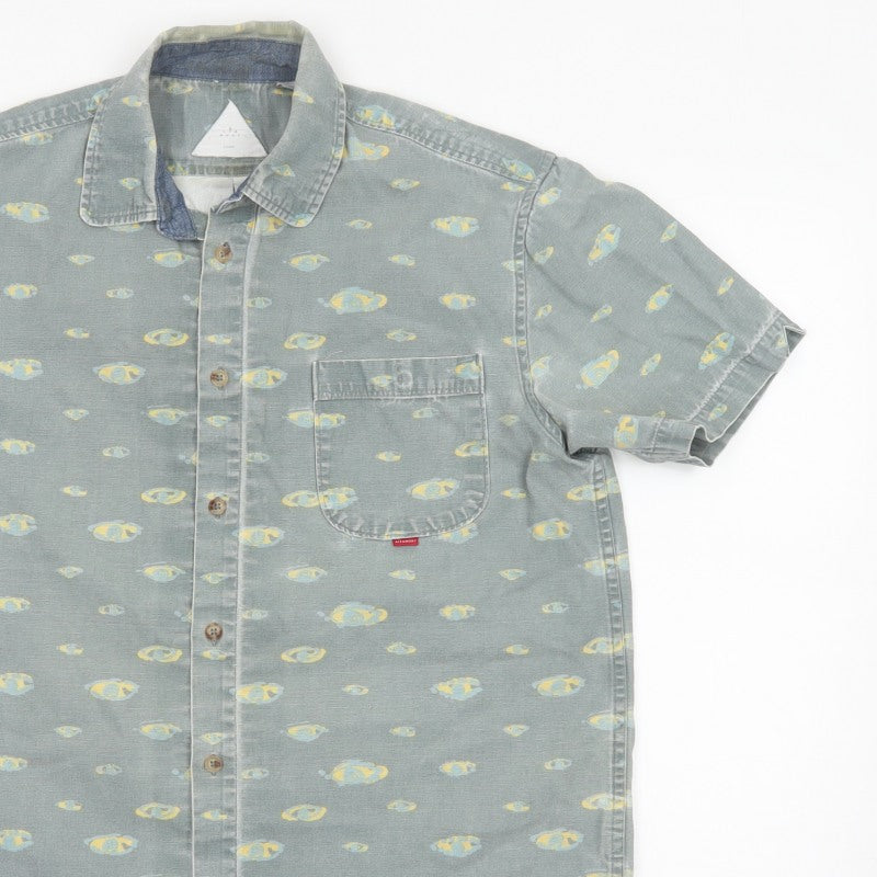 Hula Mont Men’s Blue Fish Print Short Sleeve Button-Up Shirt L
