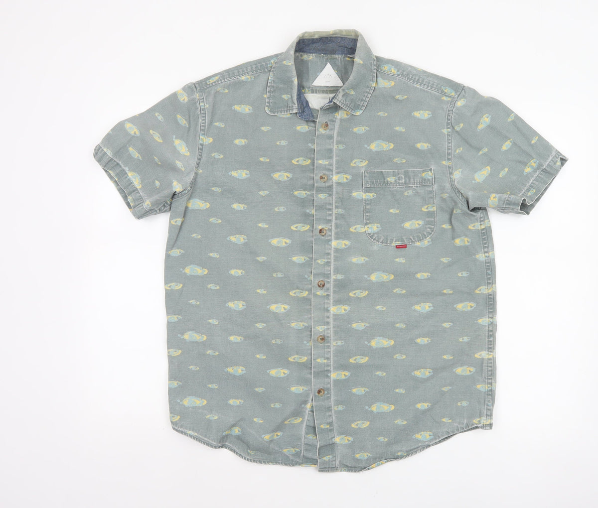 Hula Mont Men’s Blue Fish Print Short Sleeve Button-Up Shirt L