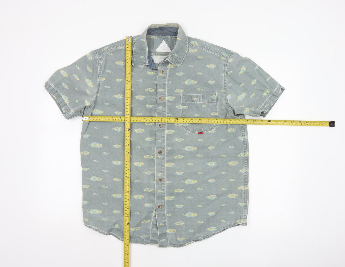 Hula Mont Men’s Blue Fish Print Short Sleeve Button-Up Shirt L