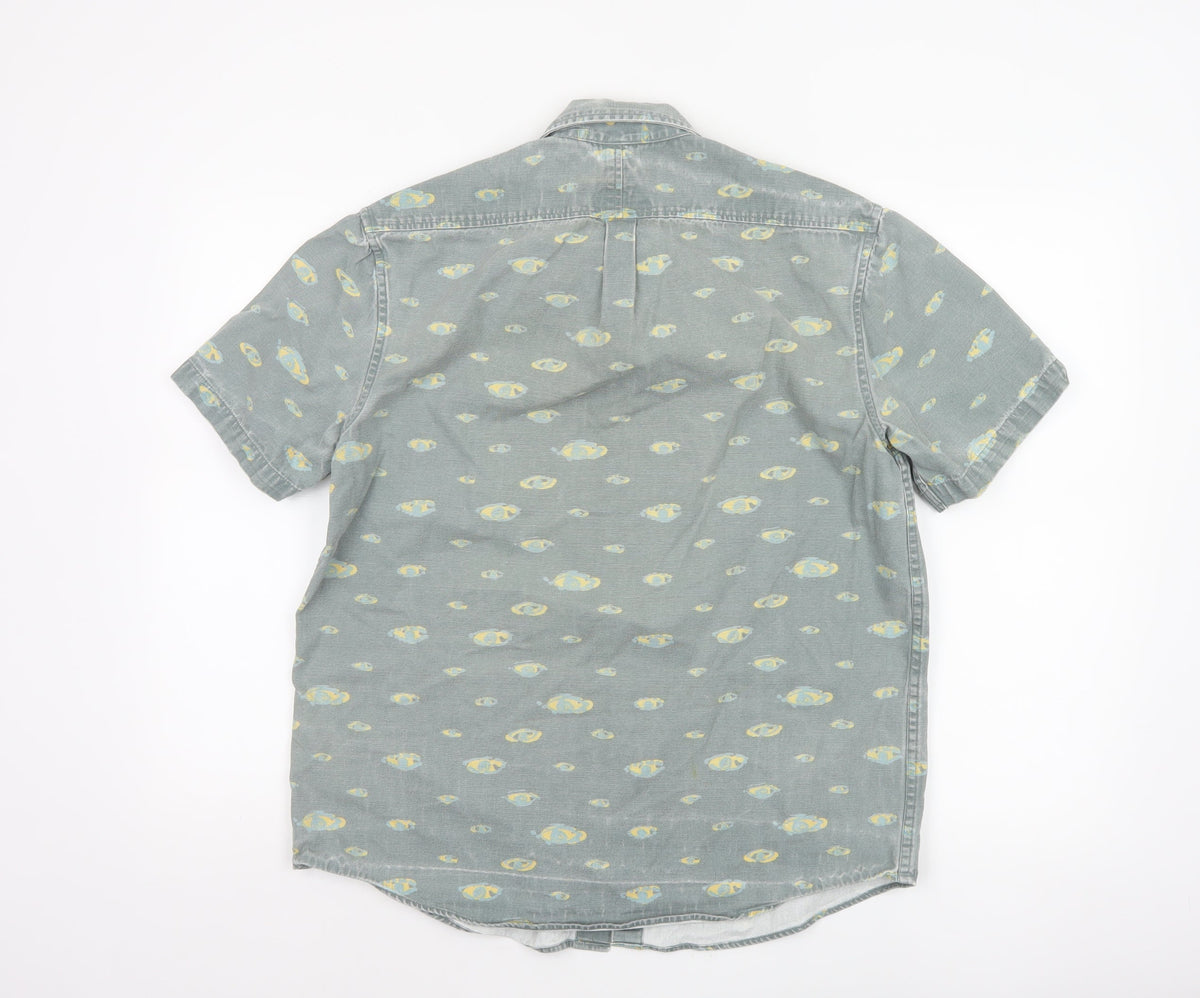 Hula Mont Men’s Blue Fish Print Short Sleeve Button-Up Shirt L