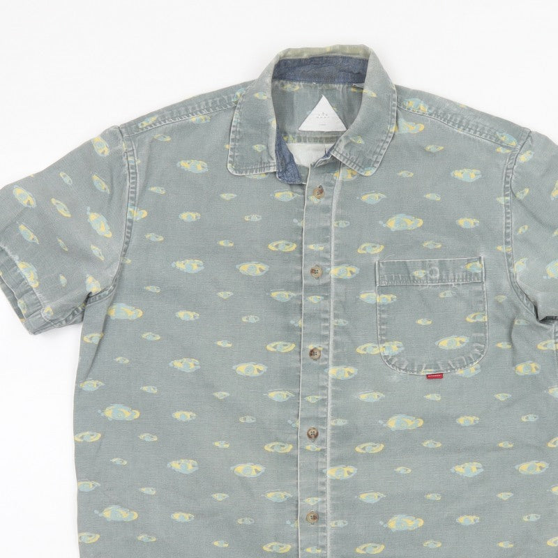Hula Mont Men’s Blue Fish Print Short Sleeve Button-Up Shirt L