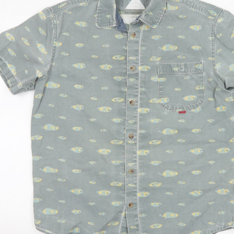 Hula Mont Men’s Blue Fish Print Short Sleeve Button-Up Shirt L