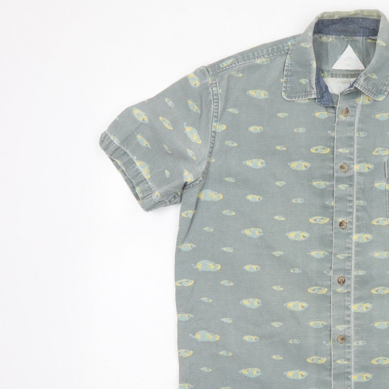 Hula Mont Men’s Blue Fish Print Short Sleeve Button-Up Shirt L