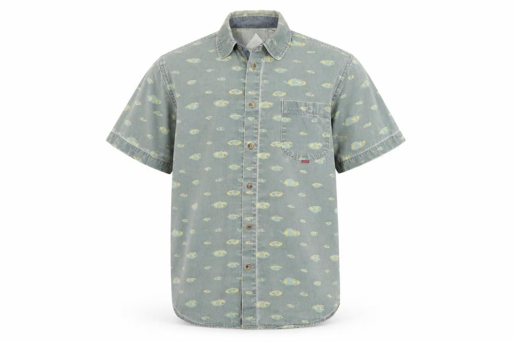 Hula Mont Men’s Blue Fish Print Short Sleeve Button-Up Shirt L