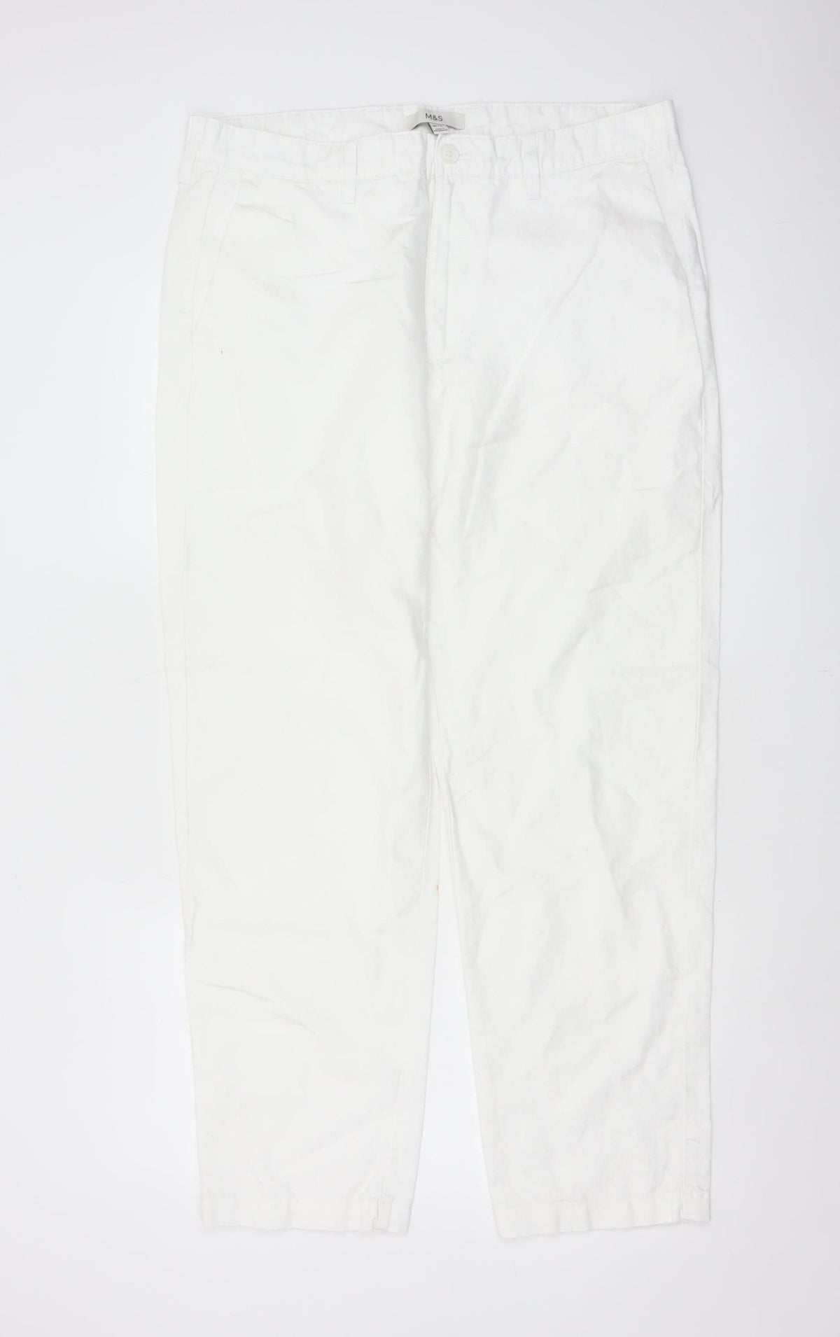 M&S Womens White Linen Cotton Chino Trousers 36in Waist 31in Leg