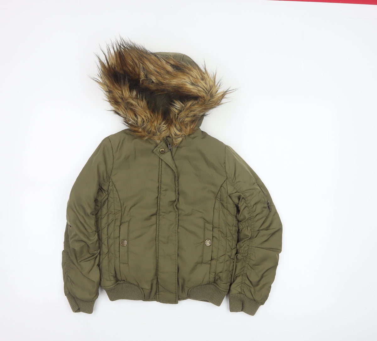 Back view of Next girls’ green faux fur hood padded bomber jacket age 8 years