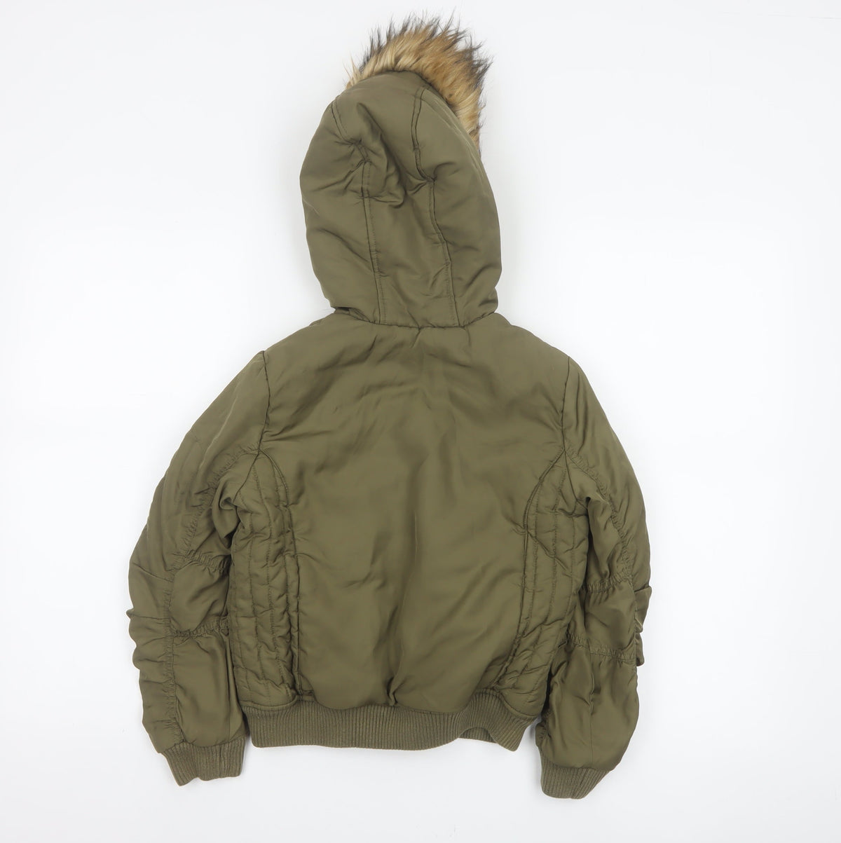Brand and care label for Next girls’ green faux fur hood padded bomber jacket age 8 years