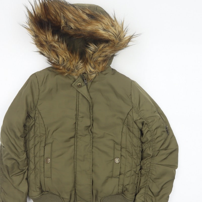 Additional view of Next girls’ green faux fur hood padded bomber jacket age 8 years