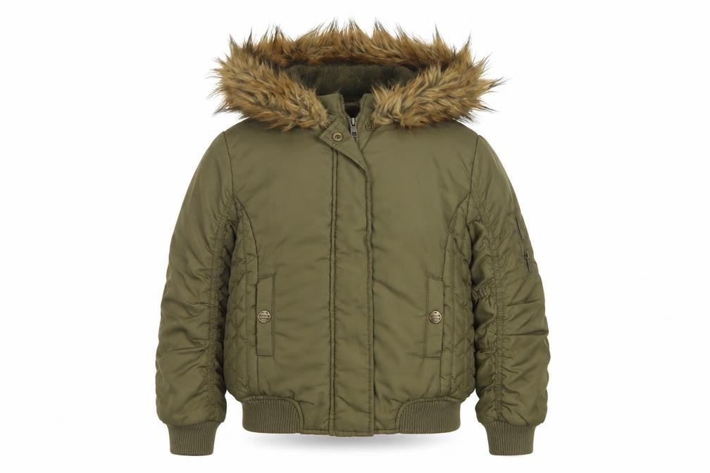 Front view of Next girls’ green faux fur hood padded bomber jacket age 8 years