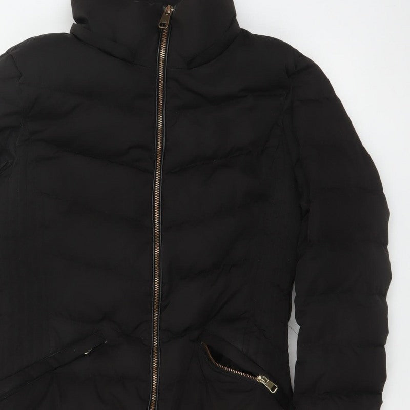 Zara Women Black M Long Quilted Puffer Coat Zip Padded Winter