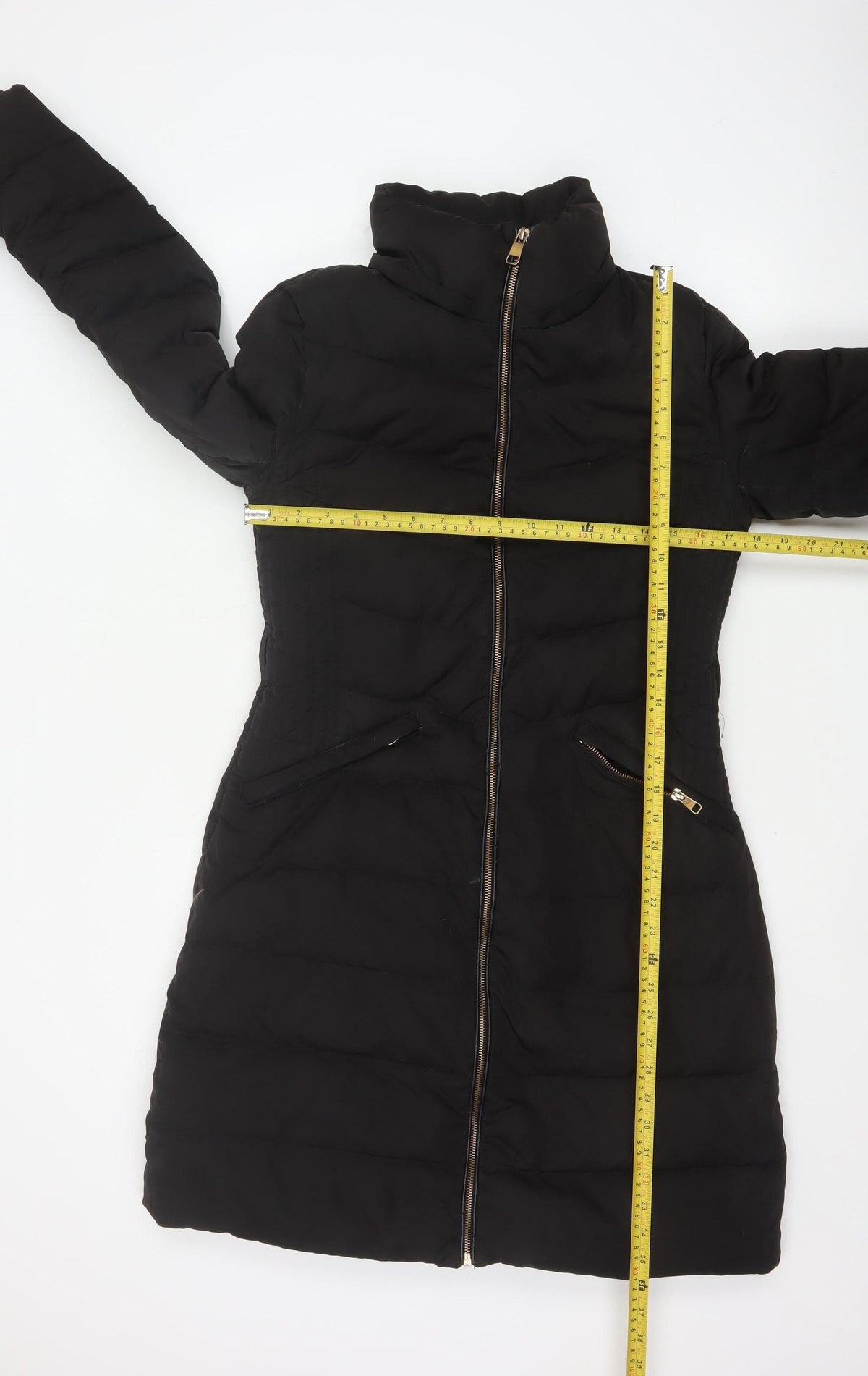 Zara Women Black M Long Quilted Puffer Coat Zip Padded Winter