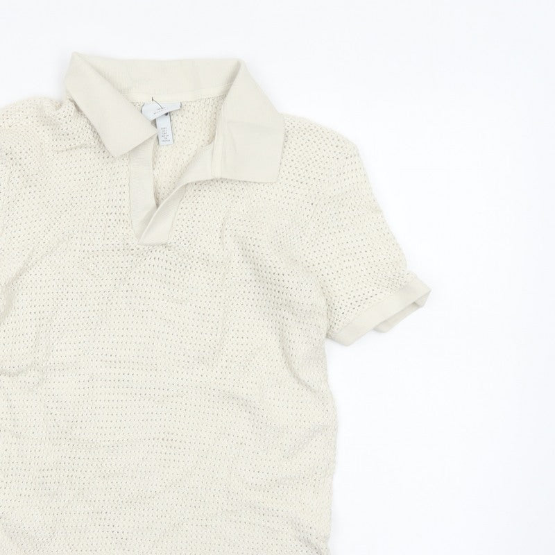 H&M Women Ivory Size 8 Regular Fit Knit Cotton Short Sleeve Polo Top